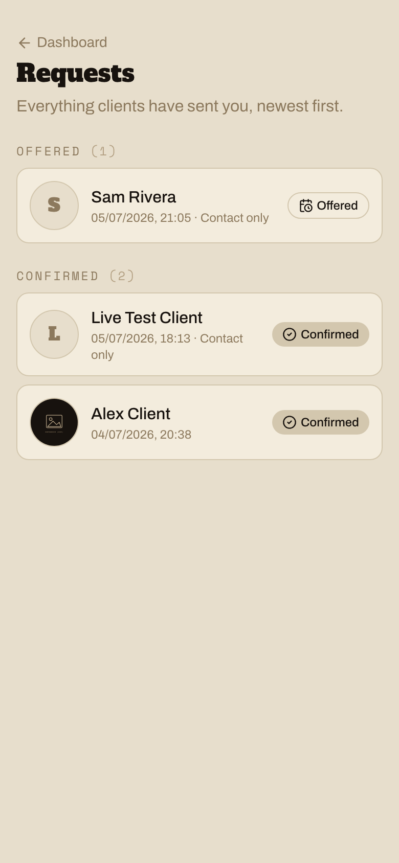 Artist's inbox of incoming booking requests
